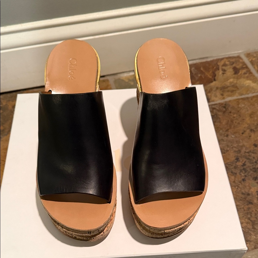 Chloe black leather wedge sandal